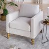 Classic Linen Armchair Accent Chair with Bronze Nailhead Trim Wooden Legs Single Sofa Couch for Living Room, Bedroom, Balcony, Beige